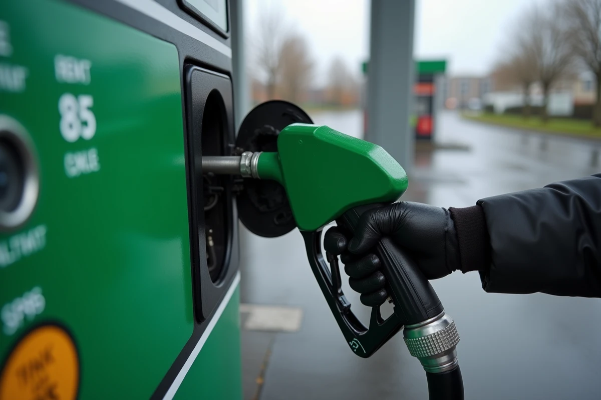 Gros plan sur une pompe à éthanol E85 avec affichage du prix inférieur à celui de l'essence classique dans une station urbaine