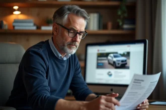 Homme consultant un rapport d'historique de véhicule en ligne sur son ordinateur de bureau à domicile