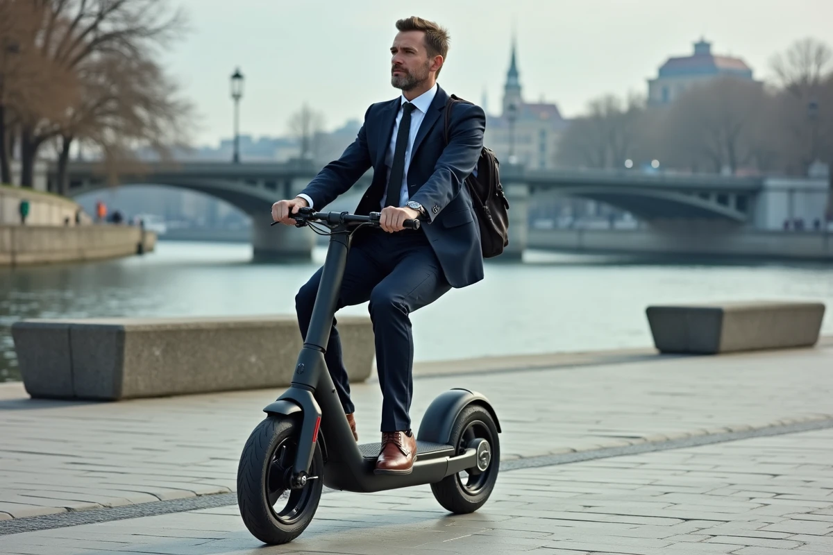 Homme d affaires en scooter électrique au bord de la rivière