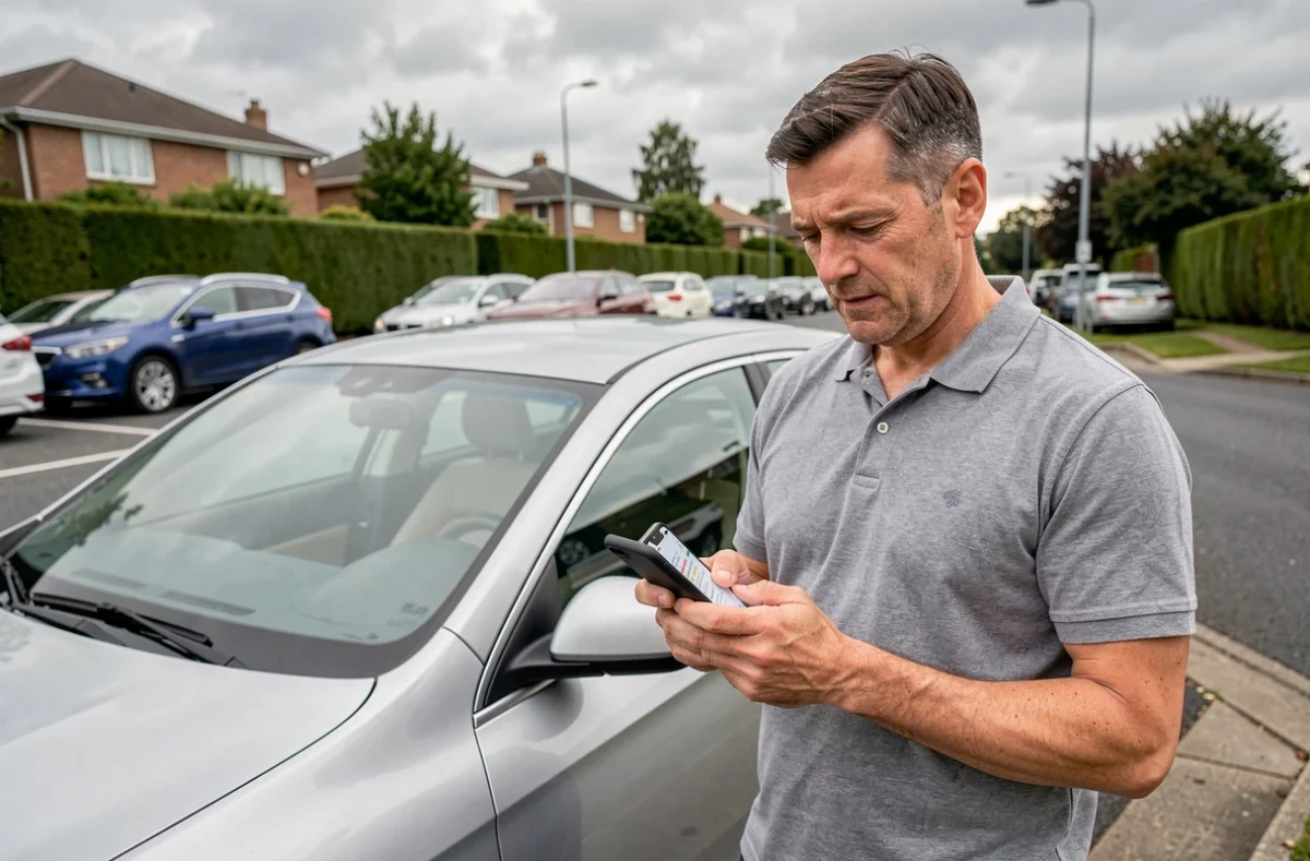 Homme consultant une application de comparaison d'assurance auto appuyé contre sa voiture dans un parking résidentiel