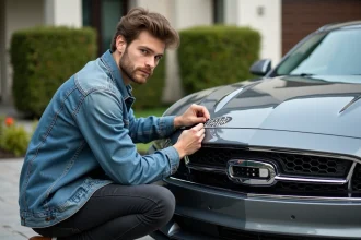 Jeune homme appliquant un decal sur la grille de sa voiture