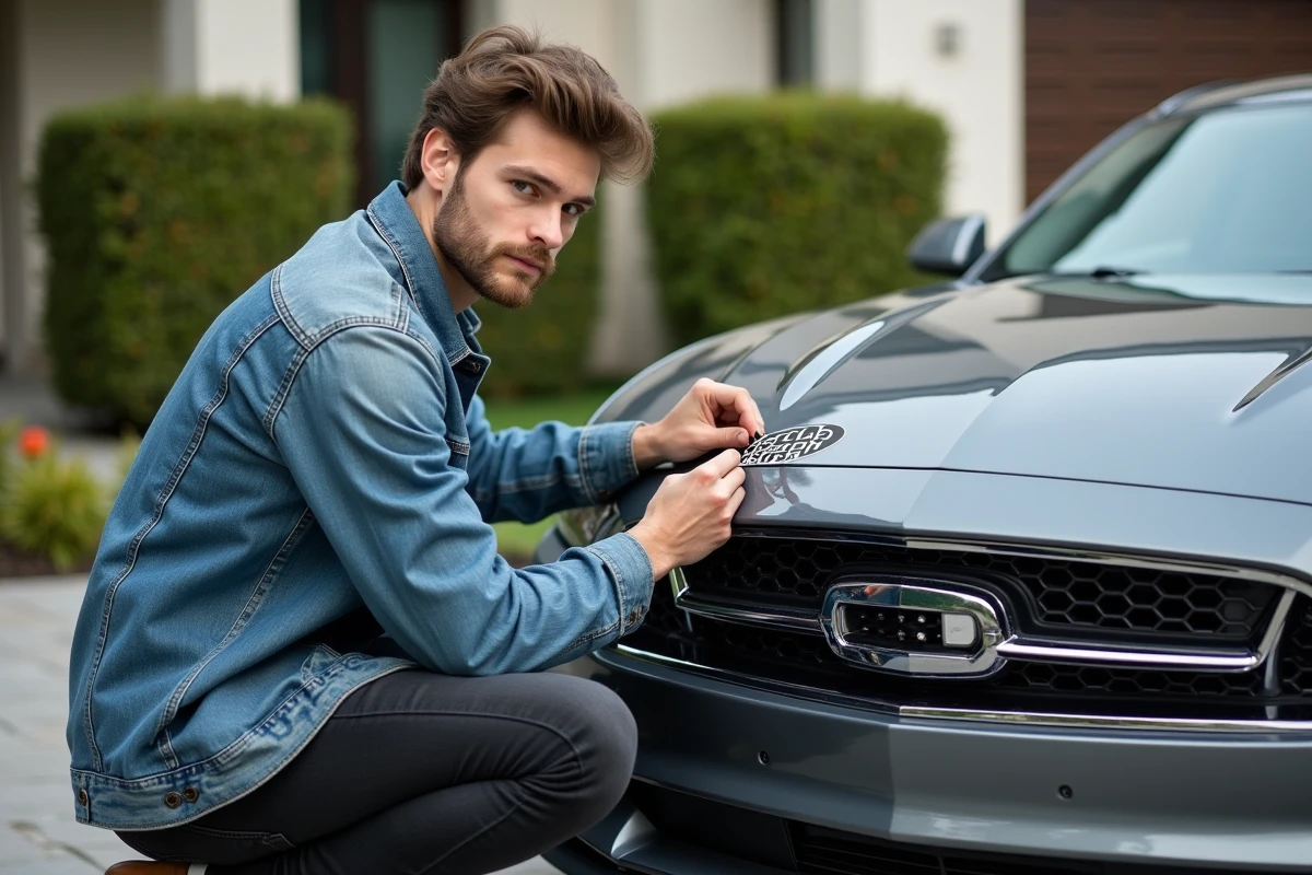 Jeune homme appliquant un decal sur la grille de sa voiture