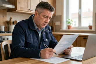 Homme inquiet qui examine ses documents d'assurance auto à la maison en 2026