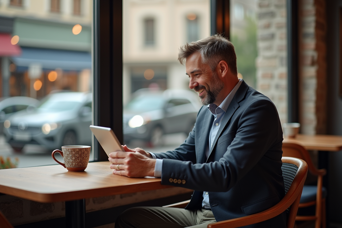 Homme détendu vérifiant sa tablette dans un café