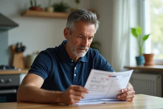 Homme examinant sa carte grise à domicile pour comprendre la réduction de 50% sur le prix