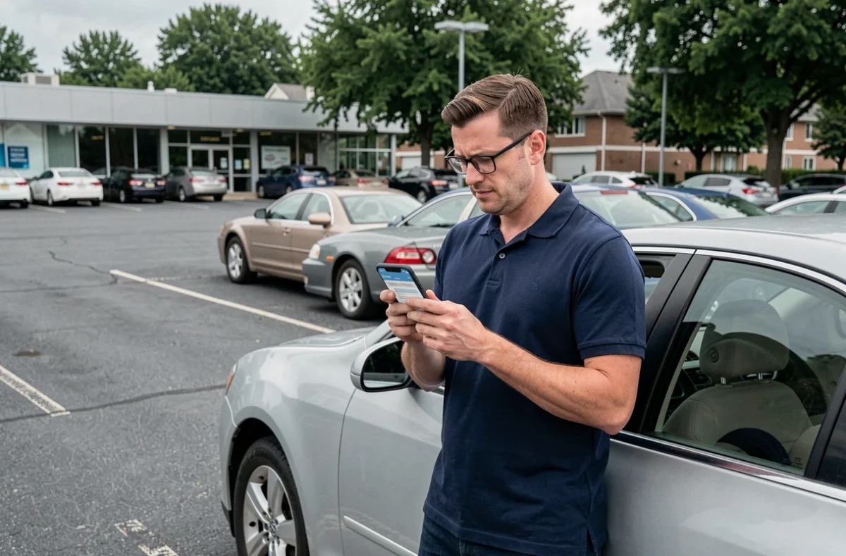 Homme comparant les avis sur l'assurance auto Eurofil depuis son smartphone près de sa voiture