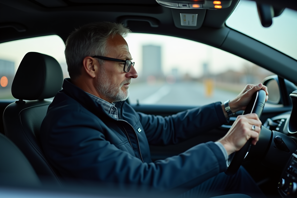 Homme d'âge moyen au volant d'une voiture moderne regardant le tableau de bord