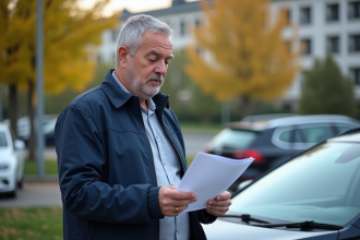 Homme d age moyen vérifiant ses documents d assurance voiture