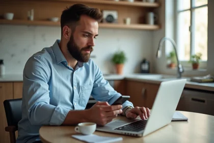 Homme d'une trentaine utilisant son ordinateur dans la cuisine