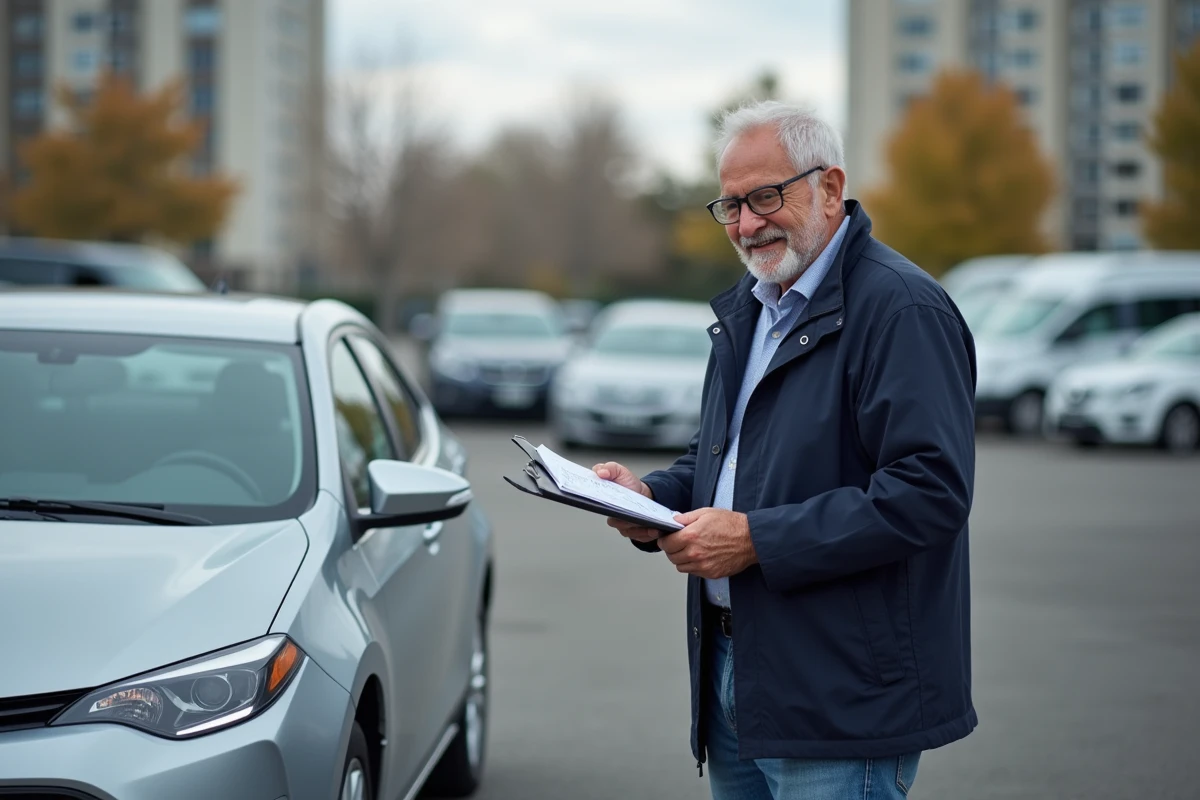 Homme examinant sa voiture avec un test de permis en main
