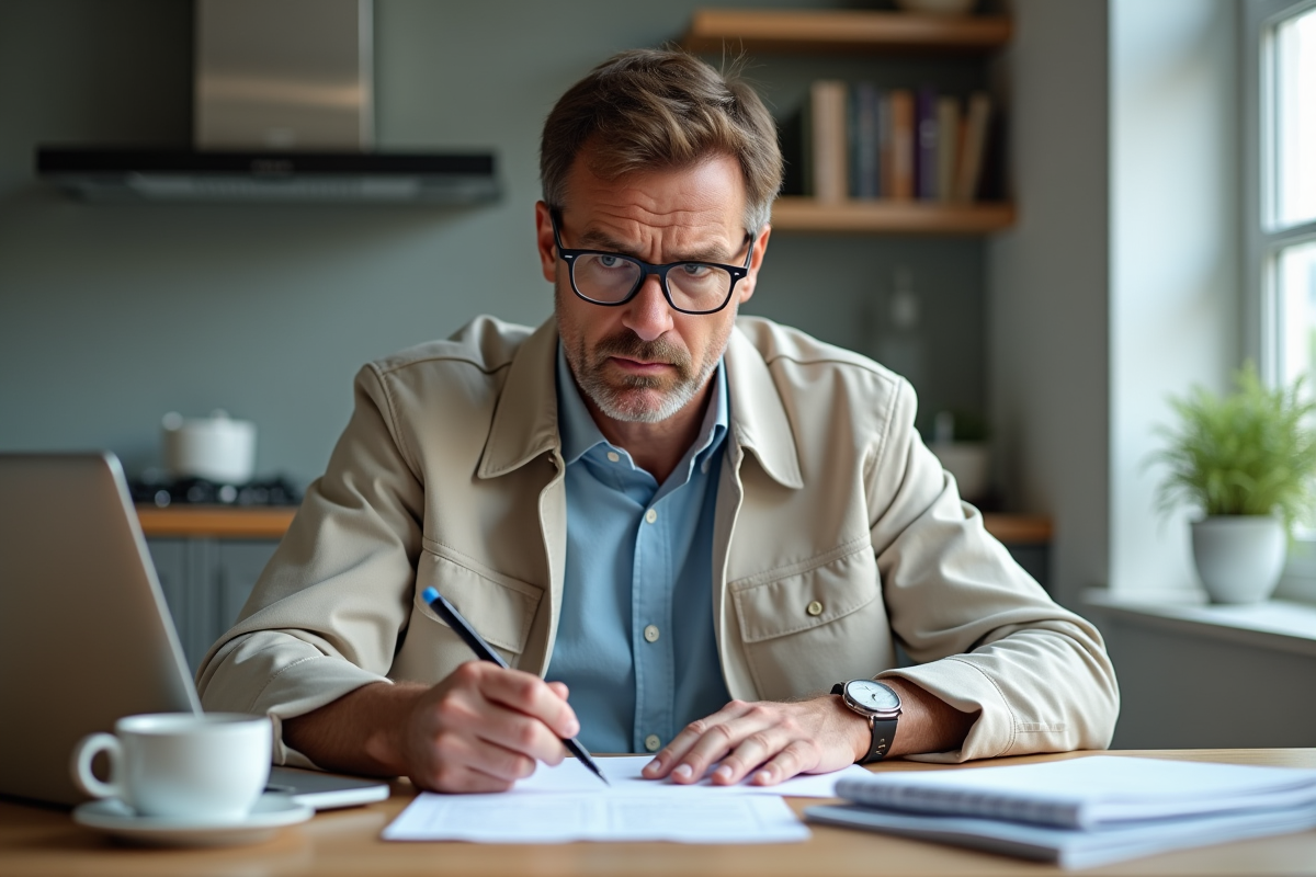 Homme d'âge moyen remplissant un formulaire dans une cuisine moderne
