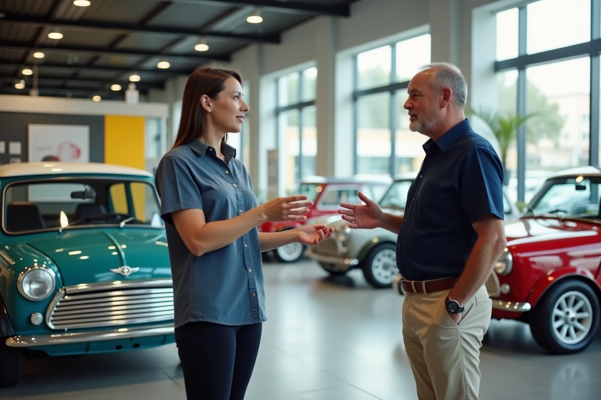 Homme expliquant la Mini Moke à un couple dans le showroom