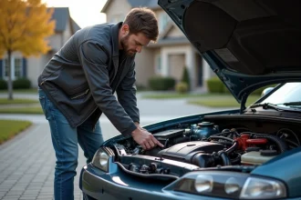 Homme inspectant le moteur d'une Nissan Silvia S14a en extérieur