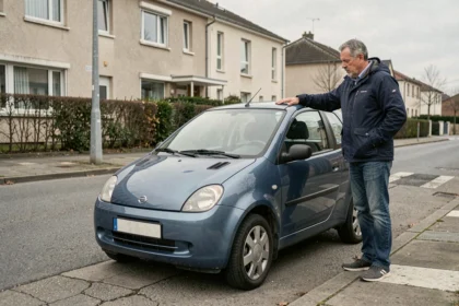 Un homme inspecte une voiture sans permis compacte garée dans une rue résidentielle française, vue en plan large