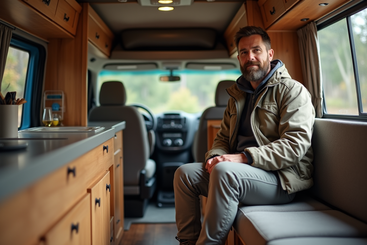 Homme détendu dans l’intérieur cosy d’un van aménagé