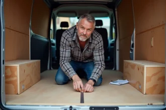 Homme mesurant l'espace de chargement d'un Renault Trafic