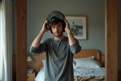 Homme ajustant un casque de moto devant le miroir dans sa chambre