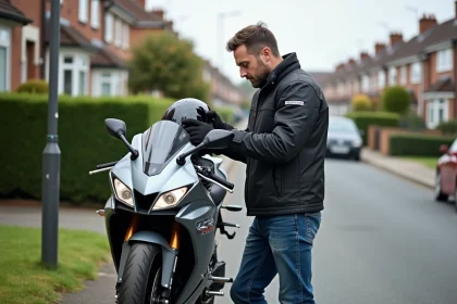 Homme vérifiant son casque à côté de sa moto Suzuki dans un quartier résidentiel