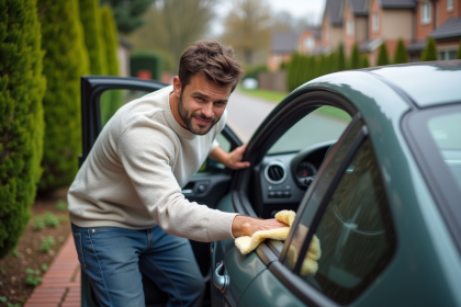 Homme nettoyant le tableau de bord de sa voiture avec un chiffon naturel
