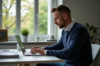 Homme en intérieur discutant voiture sur forum