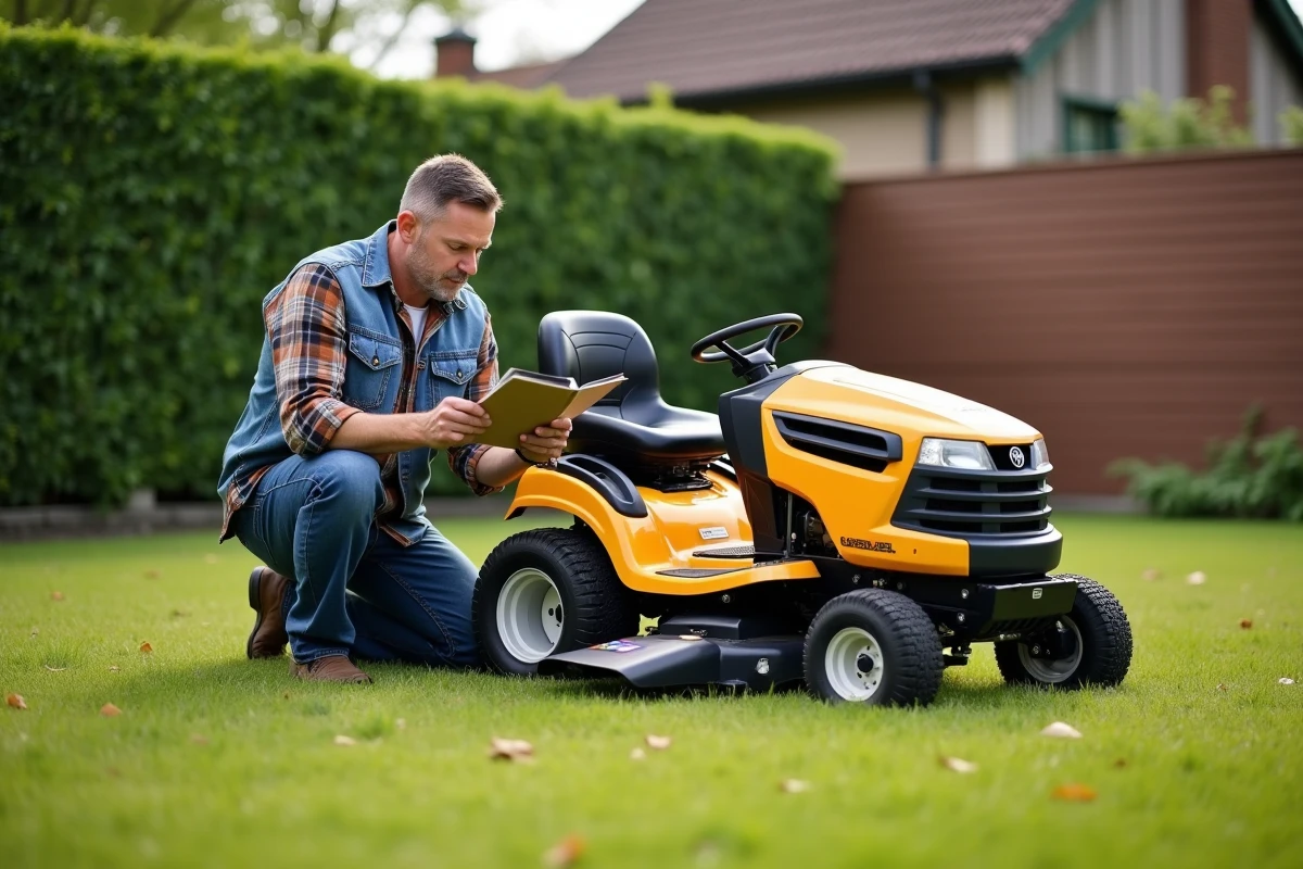 Homme d'âge moyen examine un manuel de réparation de tondeuse dans un jardin