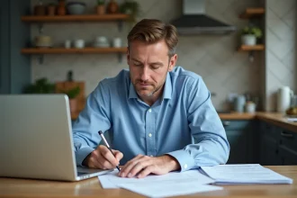 Homme d'âge moyen remplissant papiers de voiture dans une cuisine