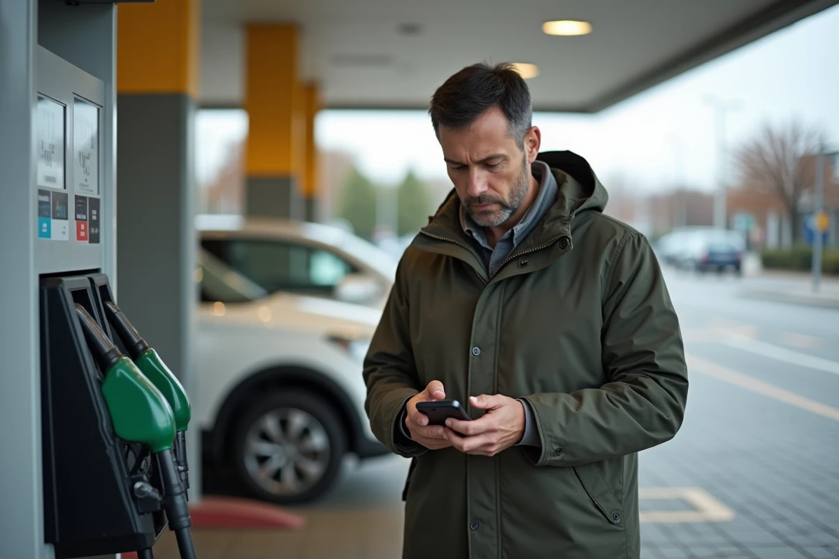 Homme vérifiant ses dépenses de carburant au station service
