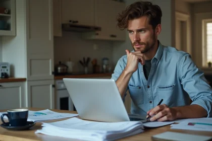 Homme en cuisine analysant des datasheets de voiture