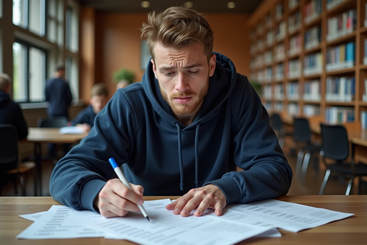 Jeune homme révisant des fiches PDF imprimées du code de la route dans une bibliothèque publique