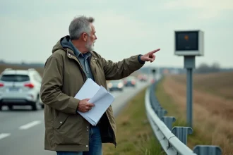 Homme en extérieur pointant un radar routier avec documents