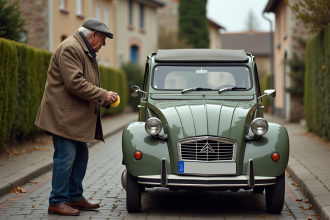 Homme âgé polissant une Citroën 2CV vintage dans un quartier français