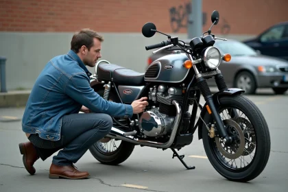 Homme inspectant une moto Kawa KZ 400 en ville