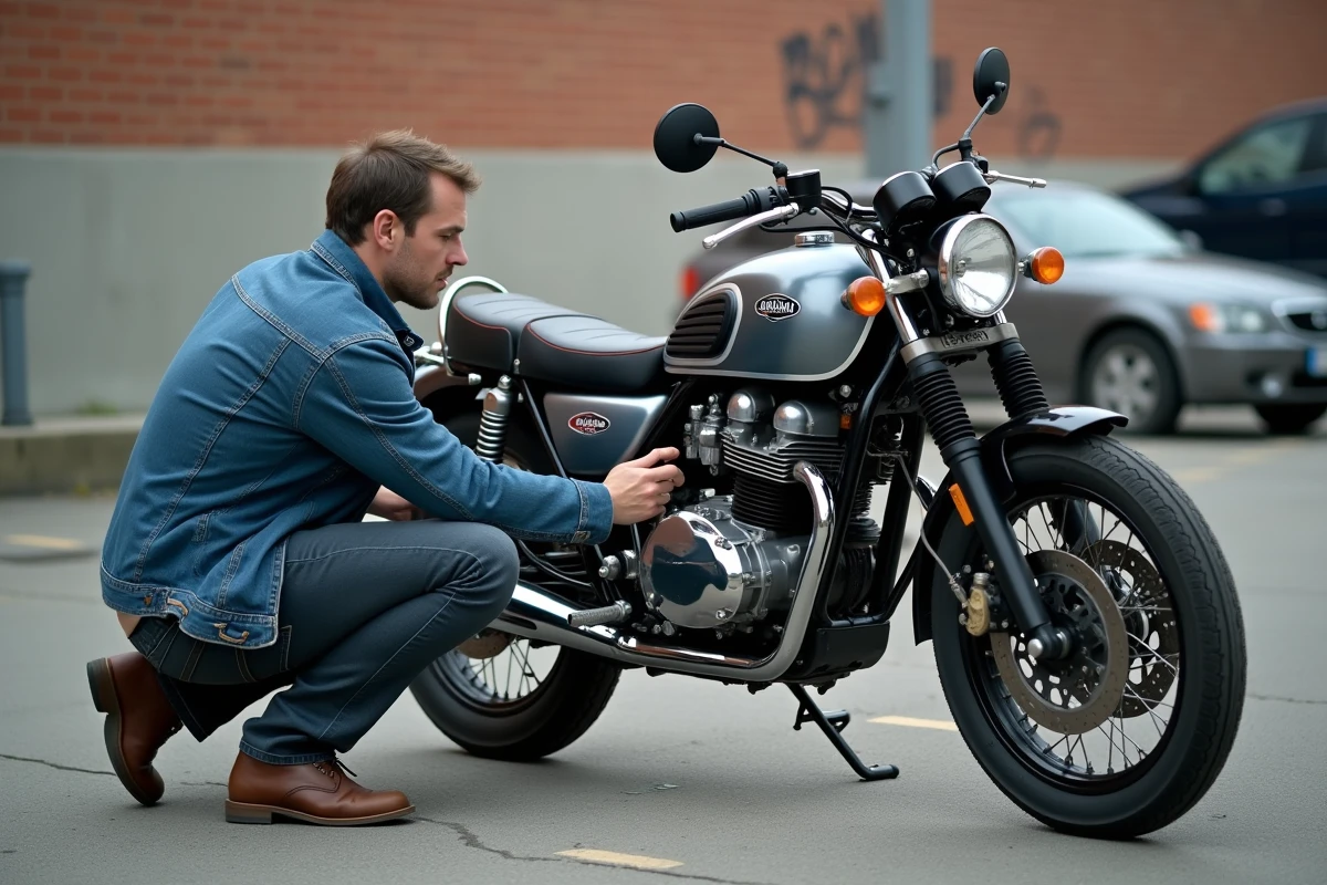 Homme inspectant une moto Kawa KZ 400 en ville