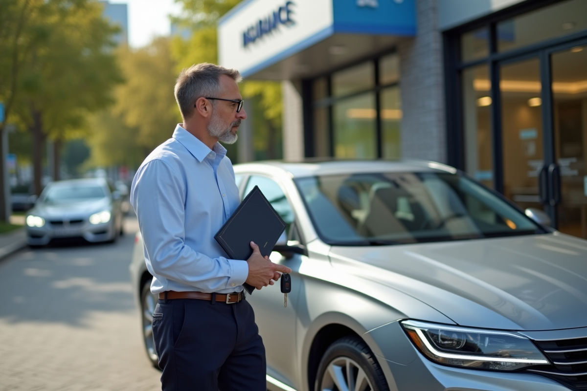 Homme avec clé de voiture devant une agence d