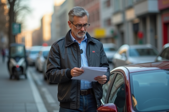 Homme d'âge moyen vérifiant ses documents d'assurance voiture