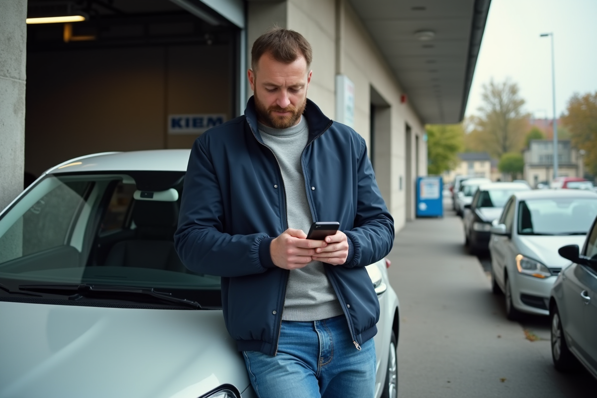 Homme dans la trentaine devant un centre de contrôle technique