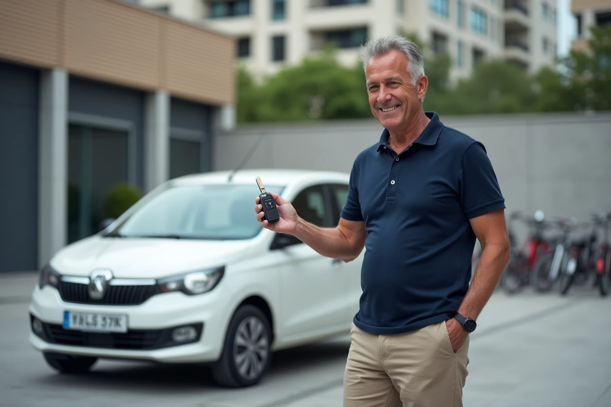 Homme devant une voiture blanche en leasing à petit loyer mensuel dans un cadre urbain