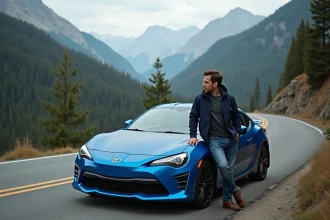 Homme devant une voiture de rallye en montagne