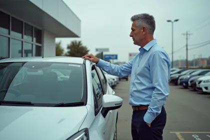 Homme examinant le prix d'une voiture neuve à moins de 5000 euros dans une concession automobile