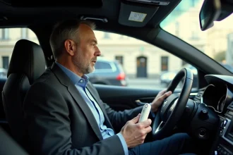 Homme d age moyen en voiture avec breathalyzer à Paris