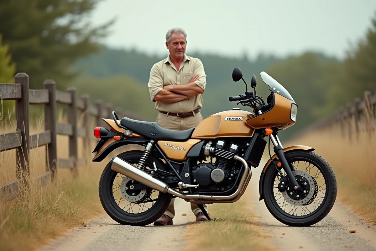 Honda XLV750R d'occasion vue de profil sur une route de campagne, avec un vendeur particulier évaluant l'état général de la moto