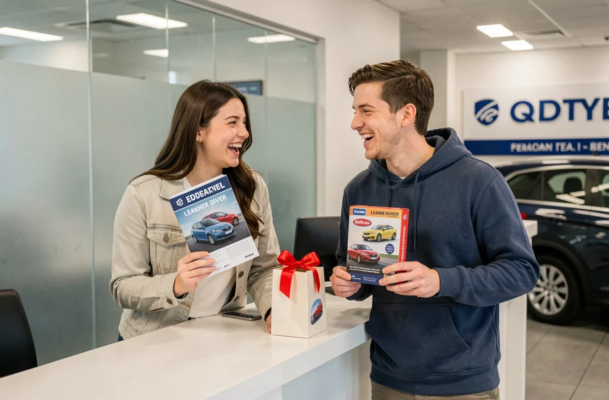 Deux amis célébrant l'obtention du permis de conduire avec un cadeau dans une agence automobile