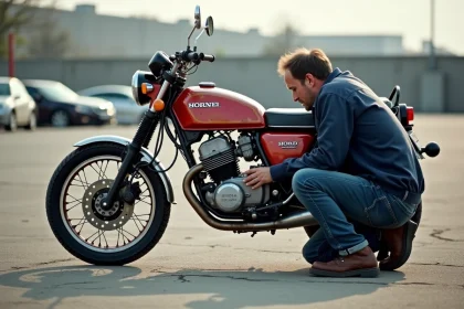 Mécanicien inspectant une Honda XLV750R d'occasion dans un parking de vente de motos, vérifiant l'état de la chaîne et des pignons