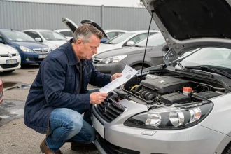 Homme inspectant le moteur d'une Peugeot d'occasion en concession avec un rapport de contrôle technique à la main