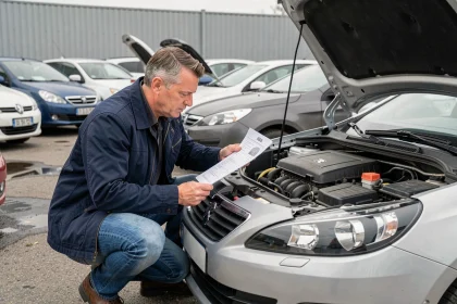 Homme inspectant le moteur d'une Peugeot d'occasion en concession avec un rapport de contrôle technique à la main