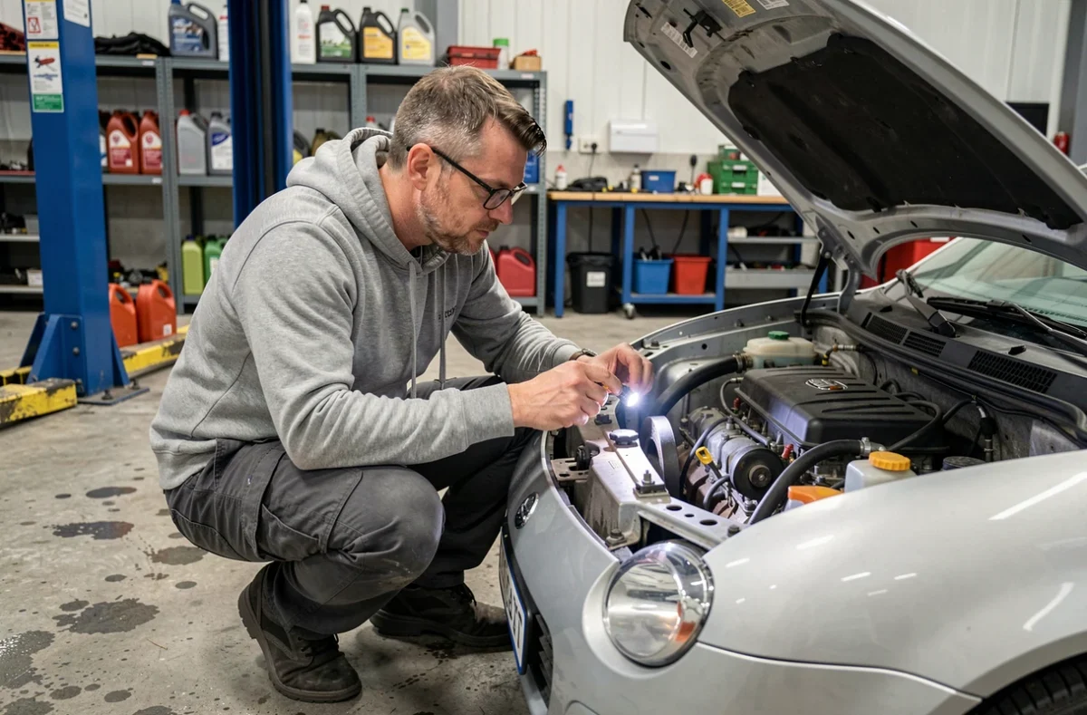 Homme inspectant le moteur d'une voiturette d'occasion chez un mécanicien à Cholet
