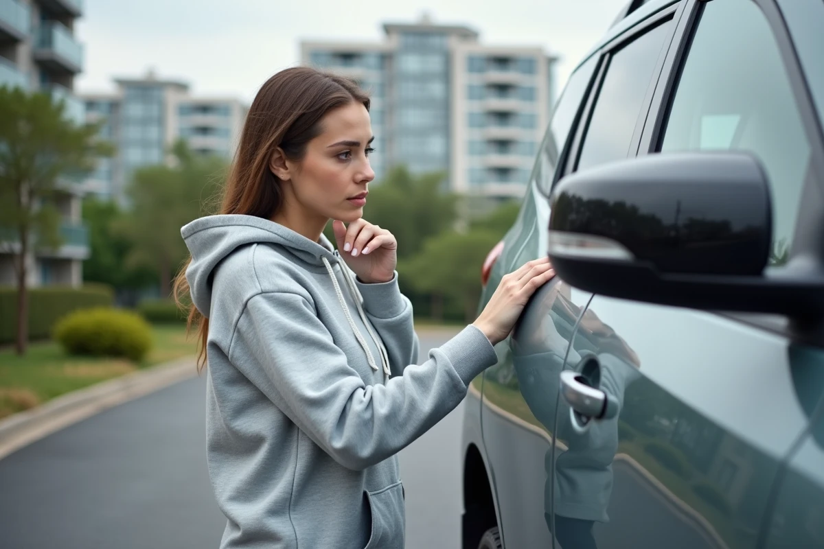 Jeune femme vérifiant le plastique restauré du miroir de son SUV