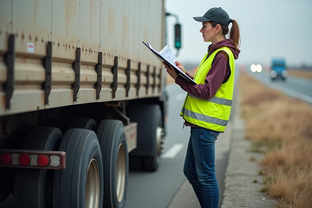 Femme technicienne inspectant visuellement les pneus d'une remorque chargée sur une aire de service autoroutière