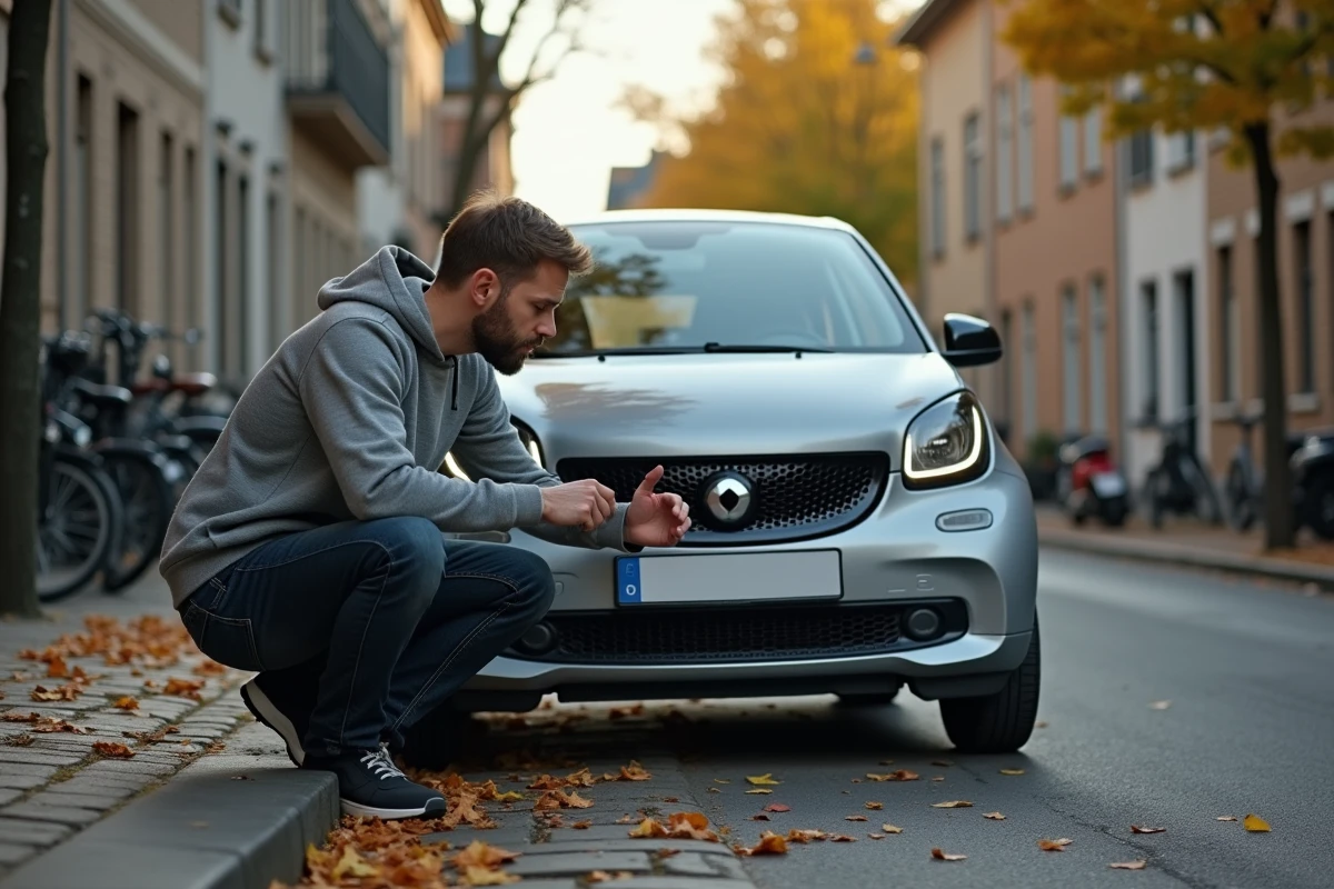 Homme inspectant la carrosserie d'une petite voiture neuve à prix accessible dans une rue résidentielle