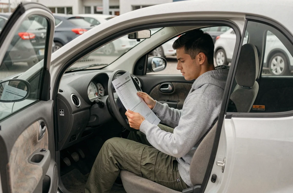 Jeune homme consultant le rapport de contrôle technique d'une voiture sans permis d'occasion avant achat